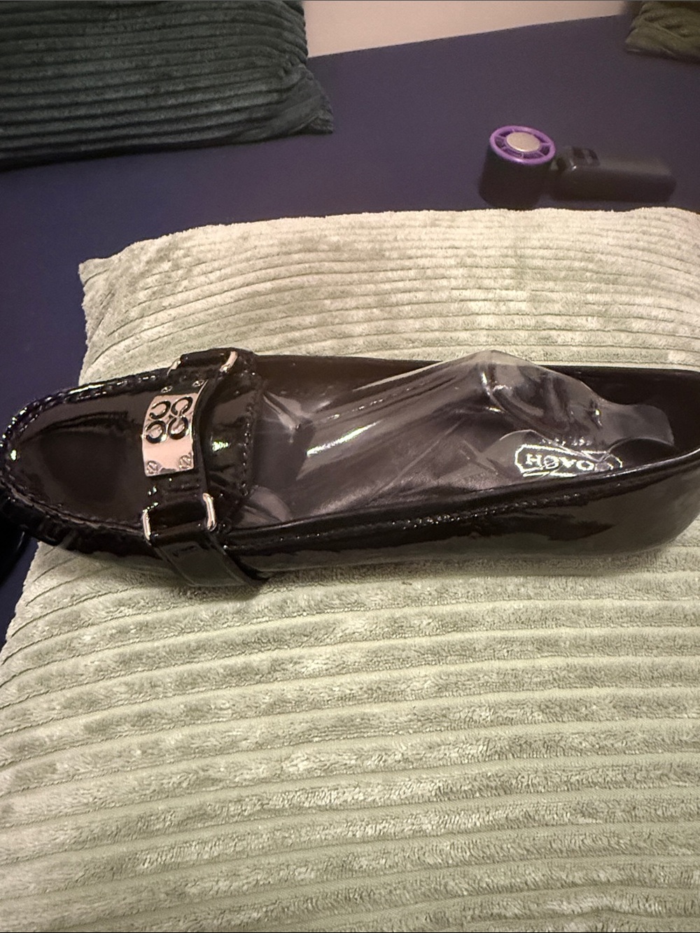 Coach Black Patent Leather Loafer with Silver Logo Buckle